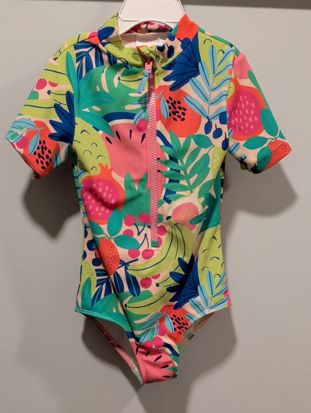Mini Boden Short-Sleeve Rashguard Swimsuit in Pink, Green, Blue